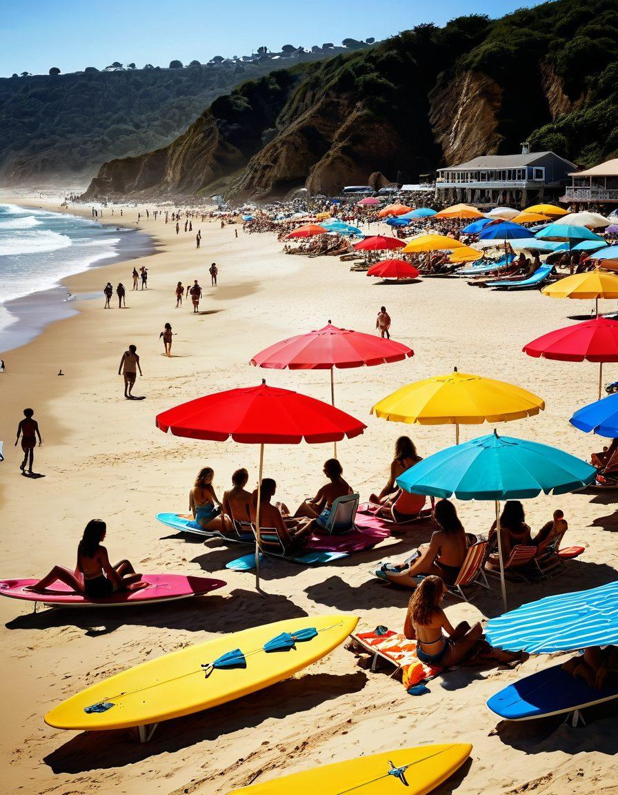 A vibrant beach scene showcasing people of diverse backgrounds enjoying a sunny day at the beach, wearing retro beachwear from the 1960s and 1970s. Include colorful umbrellas, classic surfboards, and a timeless sandy shoreline in the background. Capture the joy and nostalgia of retro beach culture with bright colors and playful patterns. Retro style. vibrant colors. sunny atmosphere.