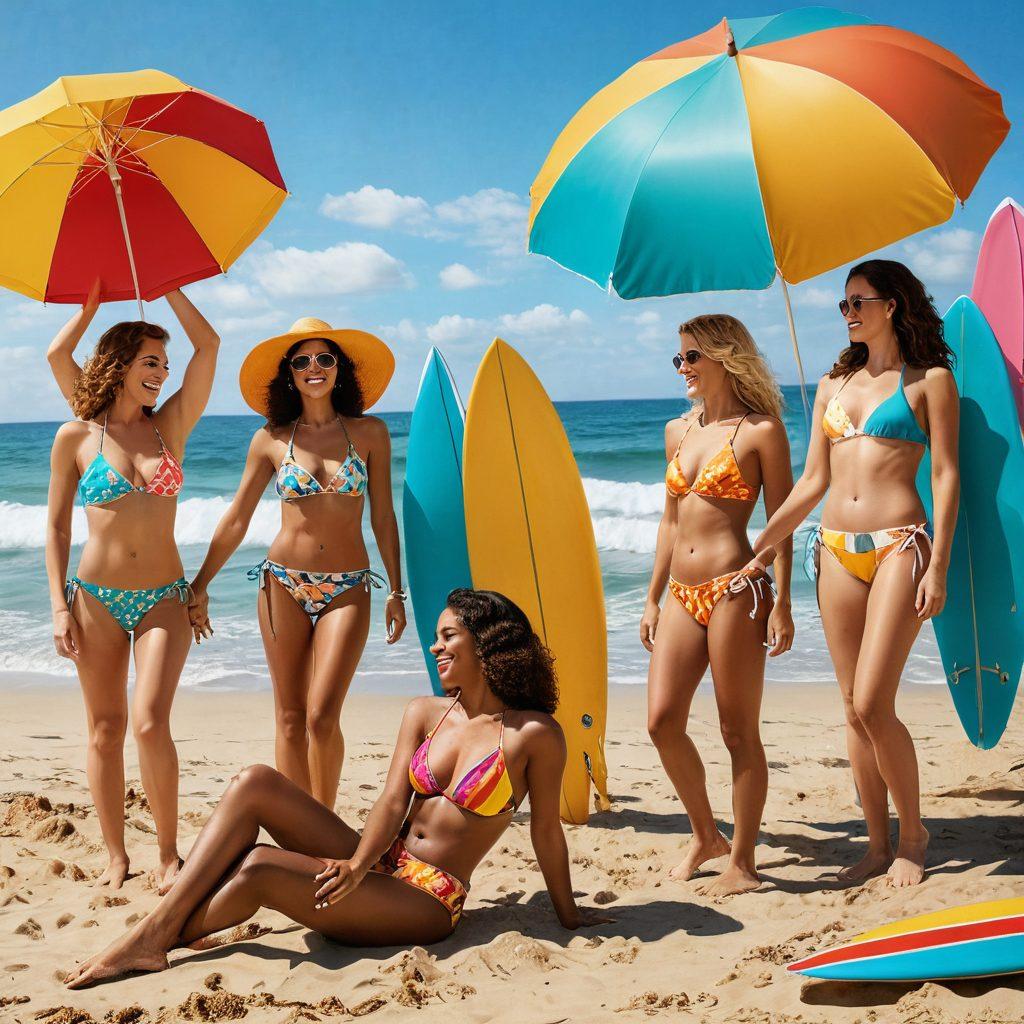 A captivating beach scene featuring a group of diverse women wearing vibrant vintage bikinis from the 1960s, enjoying a sunny day by the sea. The background captures retro beach umbrellas and classic surfboards, while waves gently lap at the shore. The atmosphere brims with nostalgia, evoking a sense of carefree summer fun. Bright colors and sunny ambiance enhance the vintage feel. super-realistic. vibrant colors. summer palette.